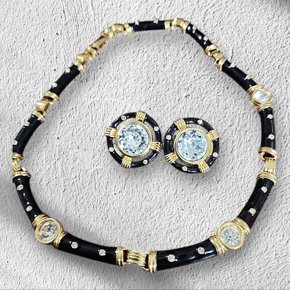 Vintage  IVANA TRUMP COUTURE CLEAR STONE BLACK ENAMEL Necklace and Earring set - Picture 1 of 7